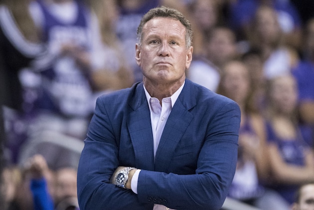 FILE - In this Dec. 9. 2018, file photo, Grand Canyon coach Dan Majerle watches his team play Nevada during the first half of an NCAA college basketball game in Phoenix. Grand Canyon has fired Majerle after seven seasons. The school announced the former Phoenix Suns star's firing Thursday, March 12, 2020, hours after the Western Athletic Conference and NCAA tournament were canceled due to concerns over the coronavirus. (AP Photo/Darryl Webb, File)