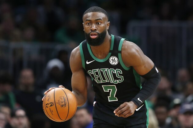 Boston Celtics' Jaylen Brown plays against the Houston Rockets during an NBA basketball game in Boston, Saturday, Feb. 29, 2020. (AP Photo/Michael Dwyer)