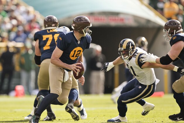 Green Bay Packers quarterback Aaron Rodgers (12) and St. Louis Rams defensive end Chris Long during the second half of an NFL football game Sunday, Oct. 16, 2011, in Green Bay, Wis. (AP Photo/Mike Roemer)