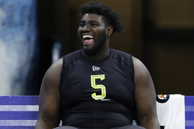 INDIANAPOLIS, IN - FEBRUARY 28: Offensive lineman Mekhi Becton of Louisville looks on during the NFL Combine at Lucas Oil Stadium on February 28, 2020 in Indianapolis, Indiana. (Photo by Joe Robbins/Getty Images)