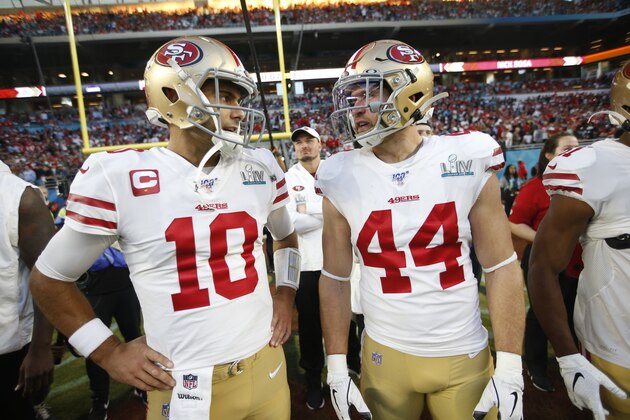 MIAMI, FLORIDA - FEBRUARY 2: Jimmy Garoppolo #10 and Kyle Juszczyk #44 of the San Francisco 49ers talk on the field before the game against the Kansas City Chiefs in Super Bowl LIV at Hard Rock Stadium on February 2, 2020 in Miami, Florida. The Chiefs defeated the 49ers 31-20. (Photo by Michael Zagaris/San Francisco 49ers/Getty Images)
