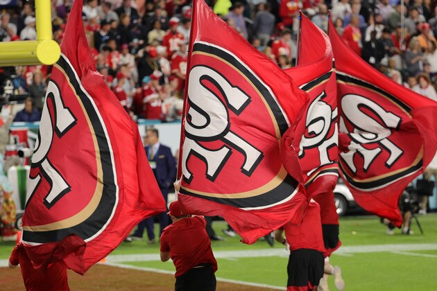 MIAMI, FLORIDA - FEBRUARY 02: A general view of San Francisco 49ers flags against the Kansas City Chiefs during the third quarter in Super Bowl LIV at Hard Rock Stadium on February 02, 2020 in Miami, Florida. (Photo by Sam Greenwood/Getty Images)