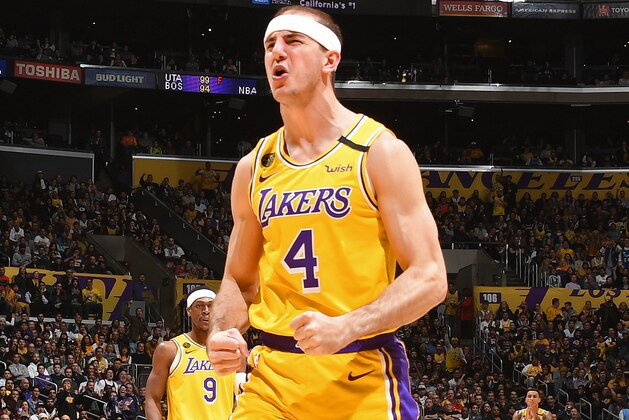 LOS ANGELES, CA - MARCH 6: Alex Caruso #4 of the Los Angeles Lakers reacts to a play during the game against the Milwaukee Bucks on March 6, 2020 at STAPLES Center in Los Angeles, California. NOTE TO USER: User expressly acknowledges and agrees that, by downloading and/or using this Photograph, user is consenting to the terms and conditions of the Getty Images License Agreement. Mandatory Copyright Notice: Copyright 2020 NBAE (Photo by Andrew D. Bernstein/NBAE via Getty Images)