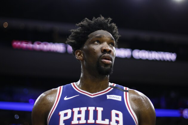 Philadelphia 76ers' Joel Embiid walks off the court after an NBA basketball game against the Atlanta Hawks, Monday, Feb. 24, 2020, in Philadelphia. (AP Photo/Matt Slocum)