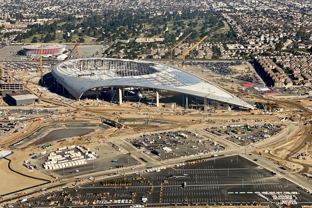 Aerial view of the SoFi Stadium, still under construction, future home of the Rams and Chargers in Inglewood, California on February 6, 2020. (Photo by Daniel SLIM / AFP) (Photo by DANIEL SLIM/AFP via Getty Images)