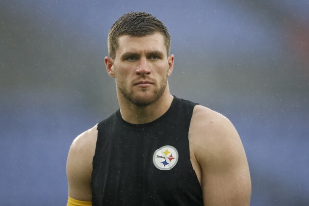 BALTIMORE, MD - DECEMBER 29: T.J. Watt #90 of the Pittsburgh Steelers looks on before the game against the Baltimore Ravens at M&T Bank Stadium on December 29, 2019 in Baltimore, Maryland. (Photo by Scott Taetsch/Getty Images)