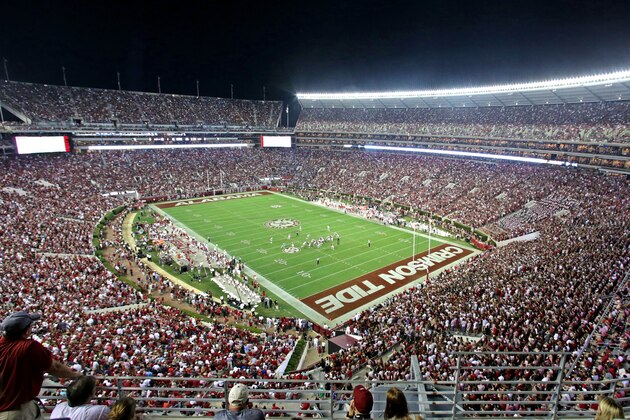 Wide view of Bryant Denny stadium during the second half of an NCAA college football game between Alabama and Mississippi, Saturday, Sept. 19, 2015, in Tuscaloosa, Ala. (AP Photo/Butch Dill)