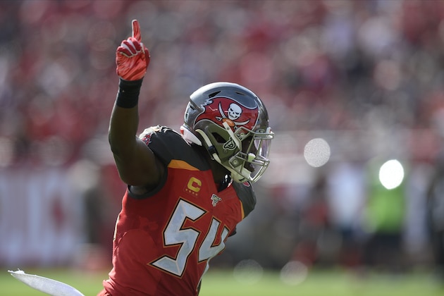 Tampa Bay Buccaneers outside linebacker Lavonte David (54) celebrates after a stop against the Atlanta Falcons during the first half of an NFL football game Sunday, Dec. 29, 2019, in Tampa, Fla. (AP Photo/Jason Behnken)