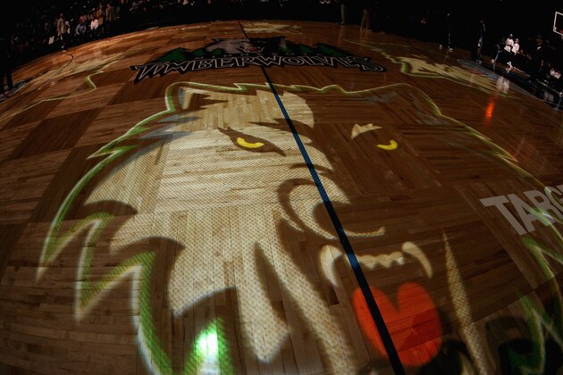 MINNEAPOLIS - FEBRUARY 21:  The Minnesota Timberwolves logo is displayed on the court prior to the game against the San Antonio Spurs on February 21, 2008 at the Target Center in Minneapolis, Minnesota. The Spurs won 100-99. NOTE TO USER: User expressly acknowledges and agrees that, by downloading and or using this Photograph, user is consenting to the terms and conditions of the Getty Images License Agreement. Mandatory Copyright Notice: Copyright 2008 NBAE (Photo by David Sherman/NBAE via Getty Images)