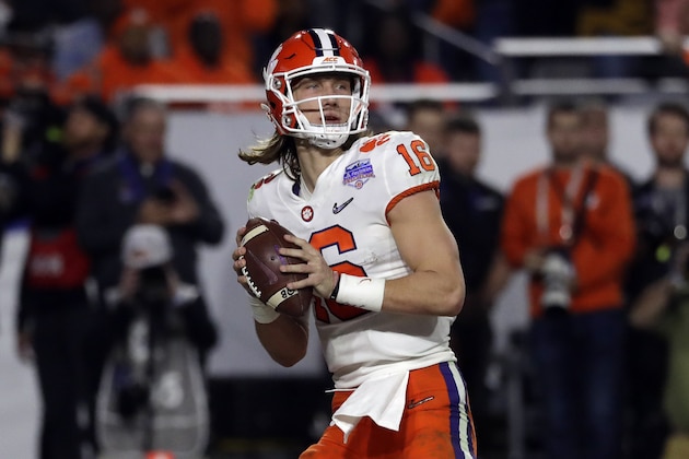 Clemson quarterback Trevor Lawrence (16) during the first half of the Fiesta Bowl NCAA college football game against Ohio State, Saturday, Dec. 28, 2019, in Glendale, Ariz. (AP Photo/Rick Scuteri).
