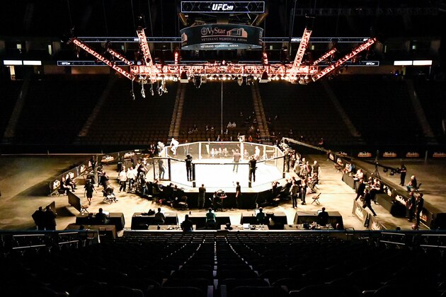 JACKSONVILLE, FL - MAY 09: General view of the stadium as Justin Gaethje of the United States climbs the cage after defeating Tony Ferguson of the United States in the Interim lightweight title fight during UFC 249 at VyStar Veterans Memorial Arena on May 9, 2020 in Jacksonville, Florida. (Photo by Douglas P. DeFelice/Getty Images)