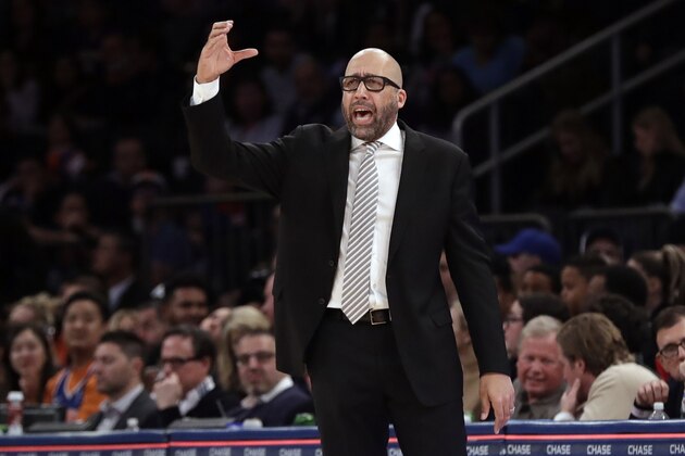 New York Knicks head coach David Fizdale calls out to his team during the second half of an NBA basketball game against the Charlotte Hornets, Saturday, Nov. 16, 2019, in New York. The Hornets won 103-102. (AP Photo/Frank Franklin II)