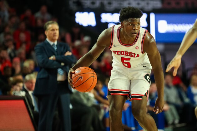 ATHENS, GA - JANUARY 7: Anthony Edwards #5 of the Georgia Bulldogs controls the ball during a game against the Kentucky Wildcats at Stegeman Coliseum on January 7, 2020 in Athens, Georgia. (Photo by Carmen Mandato/Getty Images)