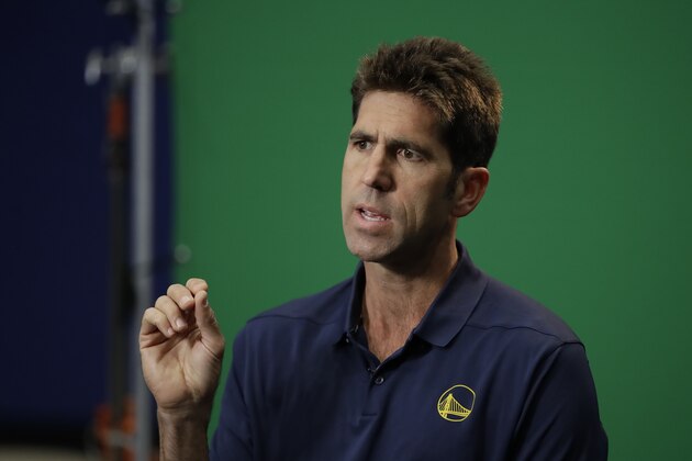 Golden State Warriors general manager Bob Myers gestures during the NBA basketball team's media day in San Francisco Monday, Sept. 30, 2019. (AP Photo/Ben Margot)