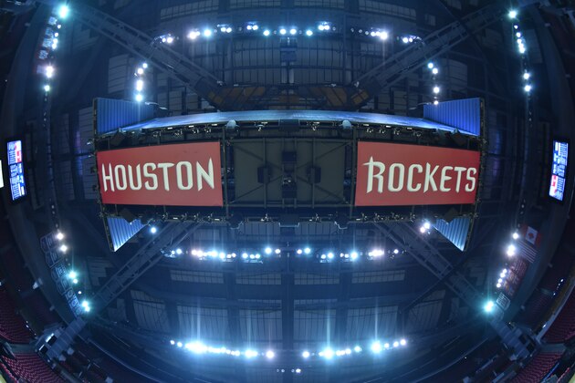 HOUSTON,TEXAS : Here is a photograph of the Houston Rockets logo from above prior to the game against the Los Angeles Clippers at the Toyota Center During Game Two of the Western Conference Semifinals during the 2015 NBA Playoffs on May 6, 2015 in Houston,Texas NOTE TO USER: User expressly acknowledges and agrees that, by downloading and/or using this Photograph, user is consenting to the terms and conditions of the Getty Images License Agreement. Mandatory Copyright Notice: Copyright 2015 NBAE (Photo by Jesse D. Garrabrant/NBAE via Getty Images)