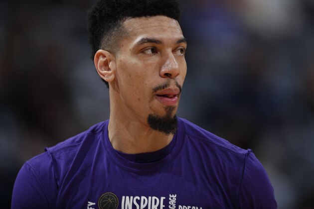 Los Angeles Lakers guard Danny Green (14) in the first half of an NBA basketball game Wednesday, Feb. 12, 2020, in Denver. (AP Photo/David Zalubowski)