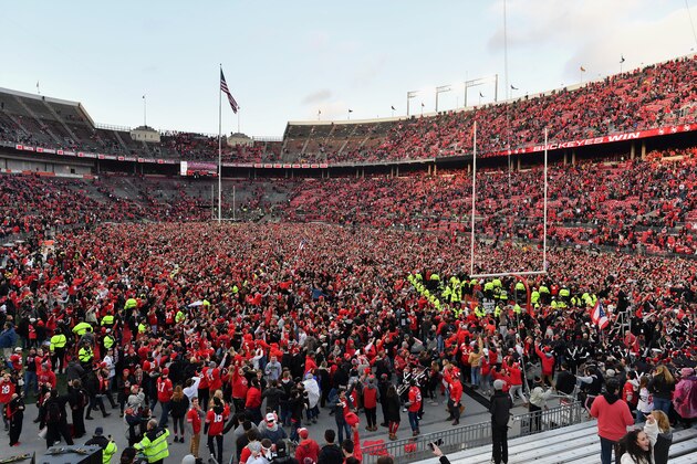 COLUMBUS, OH - NOVEMBER 24:  A general view of Ohio Stadium the Ohio State Buckeyes fans storm the field after a game against the Michigan Wolverines on November 24, 2018 in Columbus, Ohio. Ohio State defeated Michigan 62-39.  (Photo by Jamie Sabau/Getty Images)