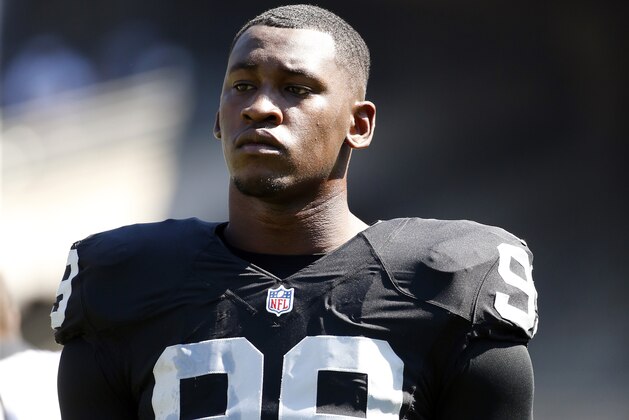 Oakland Raiders defensive end Aldon Smith (99) during an NFL football game against the Baltimore Ravens Sunday, Sept. 20, 2015, in Oakland , Calif. (AP Photo/Tony Avelar) Oakland Raiders defensive end Aldon Smith (99) during an NFL football game against the Baltimore Ravens Sunday, Sept. 20, 2015, in Oakland , Calif. (AP Photo/Tony Avelar)