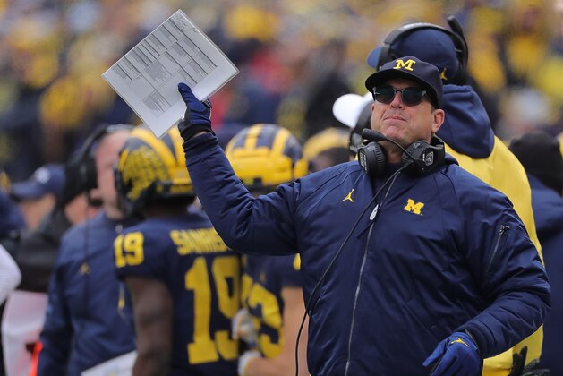 ANN ARBOR, MI - NOVEMBER 30: Michigan Wolverines Head Football Coach Jim Harbaugh reacts to a call during the second quarter of the game against the Ohio State Buckeyes at Michigan Stadium on November 30, 2019 in Ann Arbor, Michigan. Ohio State defeated Michigan 56-27. (Photo by Leon Halip/Getty Images)