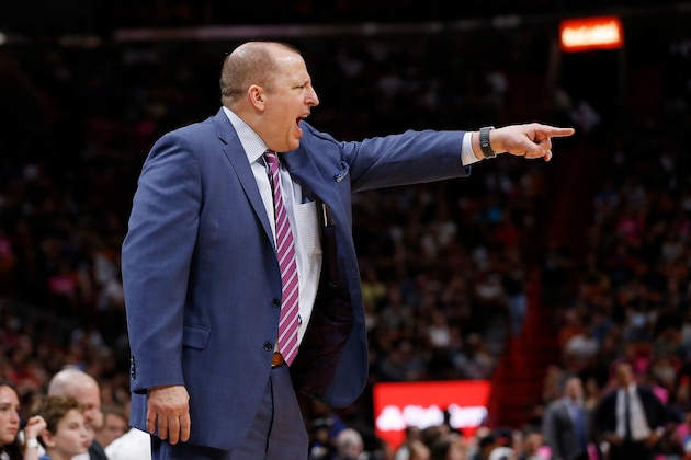 MIAMI, FL - DECEMBER 30:  Head coach Tom Thibodeau of the Minnesota Timberwolves looks on against the Miami Heat at American Airlines Arena on December 30, 2018 in Miami, Florida. NOTE TO USER: User expressly acknowledges and agrees that, by downloading and or using this photograph, User is consenting to the terms and conditions of the Getty Images License Agreement.  (Photo by Michael Reaves/Getty Images)