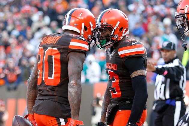 CLEVELAND, OH - NOVEMBER 24:  Jarvis Landry #80 of the Cleveland Browns is congratulated by Odell Beckham Jr. #13 after scoring a touchdown during the game against the Miami Dolphins at FirstEnergy Stadium on November 24, 2019 in Cleveland, Ohio. (Photo by Kirk Irwin/Getty Images)