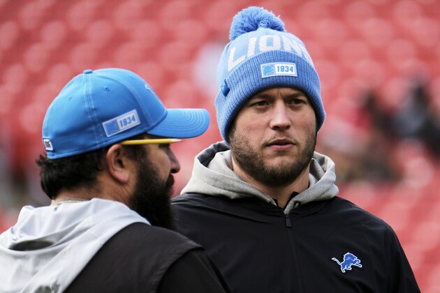 Detroit Lions quarterback Matthew Stafford (right) talks with head coach Matt Patricia prior to an NFL football game between the Detroit Lions and Washington Redskins, Sunday, Nov. 24, 2019, in Landover, Md. (AP Photo/Mark Tenally)