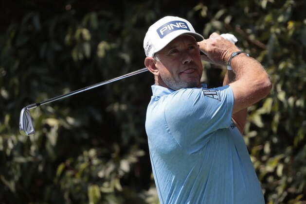 Lee Westwood of England tees off at the second hole during the third round for the WGC-Mexico Championship golf tournament, at the Chapultepec Golf Club in Mexico City, Saturday, Feb. 22, 2020.(AP Photo/Fernando Llano)