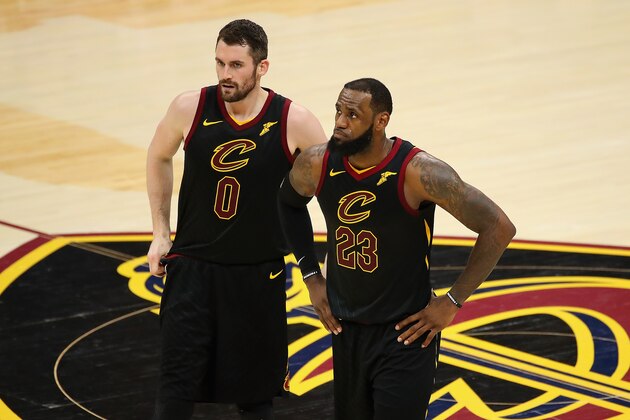 CLEVELAND, OH - MAY 19:  Kevin Love #0 and LeBron James #23 of the Cleveland Cavaliers look on in the first half against the Boston Celtics during Game Three of the 2018 NBA Eastern Conference Finals at Quicken Loans Arena on May 19, 2018 in Cleveland, Ohio. NOTE TO USER: User expressly acknowledges and agrees that, by downloading and or using this photograph, User is consenting to the terms and conditions of the Getty Images License Agreement.  (Photo by Gregory Shamus/Getty Images)