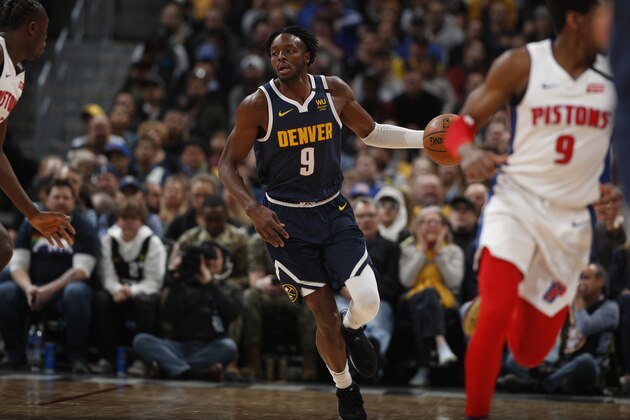 Denver Nuggets forward Jerami Grant (9) in the second half of an NBA basketball game Tuesday, Feb. 25, 2020, in Denver. The Nuggets won 115-98. (AP Photo/David Zalubowski)