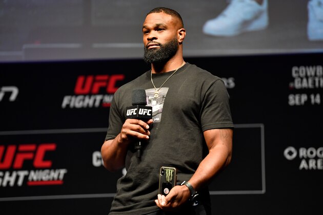 VANCOUVER, BC - SEPTEMBER 13: UFC welterweight Tyron Woodley stands on stage during a Q&A session prior to the UFC Fight Night weigh-in at Rogers Arena on September 13, 2019 in Vancouver, British Columbia, Canada. (Photo by Jeff Bottari/Zuffa LLC/Zuffa LLC via Getty Images) VANCOUVER, BC - SEPTEMBER 13: UFC welterweight Tyron Woodley stands on stage during a Q&A session prior to the UFC Fight Night weigh-in at Rogers Arena on September 13, 2019 in Vancouver, British Columbia, Canada. (Photo by Jeff Bottari/Zuffa LLC/Zuffa LLC via Getty Images)