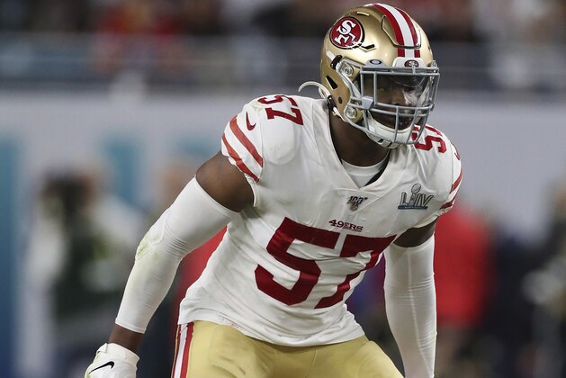 San Francisco 49ers linebacker Dre Greenlaw (57) in coverage during the second half of the NFL Super Bowl 54 football game between the San Francisco 49ers and Kansas City Chiefs Sunday, Feb. 2, 2020, in Miami Gardens, Fla. The Kansas City Chiefs won 31-20. (AP Photo/Steve Luciano) San Francisco 49ers linebacker Dre Greenlaw (57) in coverage during the second half of the NFL Super Bowl 54 football game between the San Francisco 49ers and Kansas City Chiefs Sunday, Feb. 2, 2020, in Miami Gardens, Fla. The Kansas City Chiefs won 31-20. (AP Photo/Steve Luciano)