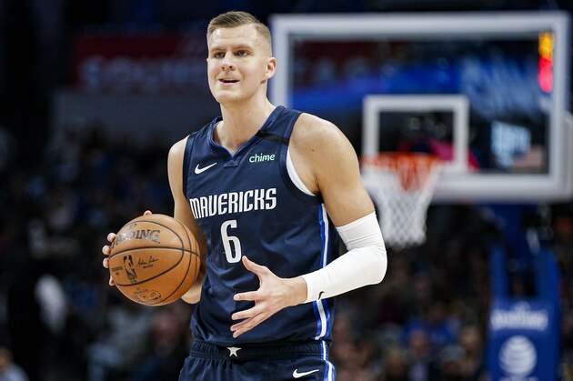Dallas Mavericks forward Kristaps Porzingis (6) during the first half of an NBA basketball game against the Sacramento Kings, Wednesday, Feb. 12, 2020, in Dallas. Dallas won 130-111. (AP Photo/Brandon Wade) Dallas Mavericks forward Kristaps Porzingis (6) during the first half of an NBA basketball game against the Sacramento Kings, Wednesday, Feb. 12, 2020, in Dallas. Dallas won 130-111. (AP Photo/Brandon Wade)