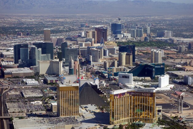 Las Vegas Boulevard, also known as the Las Vegas Strip, including the Mandalay Bay, the Luxor, MGM Grand,  other hotels and casinos that are part of the Las Vegas skyline, are seen in this aerial photograph over Las Vegas, Nevada, on September 5, 2013. AFP PHOTO / Saul LOEB        (Photo credit should read SAUL LOEB/AFP via Getty Images)