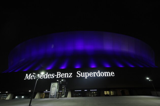 NEW ORLEANS, LA - APRIL 09: The Mercedes-Benz Superdome is lit up blue on April 09, 2020 in New Orleans, Louisiana. Landmarks and buildings across the nation are displaying blue lights to show support for health care workers and first responders on the front lines of the coronavirus (COVID-19) pandemic. (Photo by Chris Graythen/Getty Images)