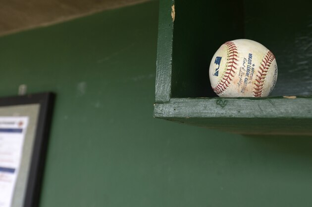 SCOTTSDALE, ARIZONA - FEBRUARY 25:  A general generic view of an official Major League Baseball sitting in the dugout during the game between the San Francisco Giants and Chicago White Sox on February 25, 2019 at Scottsdale Stadium in Scottsdale Arizona.  (Photo by Ron Vesely/MLB Photos via Getty Images)