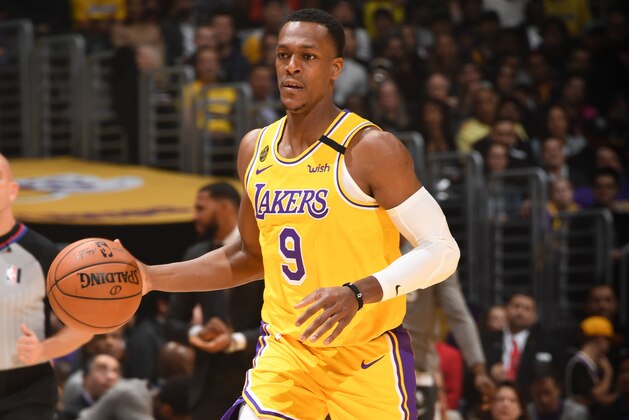 LOS ANGELES, CA - MARCH 10: Rajon Rondo #9 of the Los Angeles Lakers handles the ball against the Brooklyn Nets on March 10, 2020 at STAPLES Center in Los Angeles, California. NOTE TO USER: User expressly acknowledges and agrees that, by downloading and/or using this Photograph, user is consenting to the terms and conditions of the Getty Images License Agreement. Mandatory Copyright Notice: Copyright 2020 NBAE (Photo by Andrew D. Bernstein/NBAE via Getty Images)
