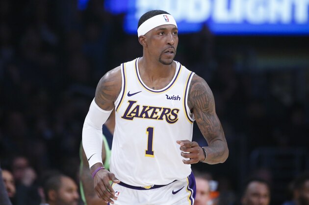 Los Angeles Lakers' Kentavious Caldwell-Pope (1) in an NBA basketball game between Los Angeles Lakers and Minnesota Timberwolves, Sunday, Dec. 8, 2019, in Los Angeles. The Lakers won 142-125. (AP Photo/Ringo H.W. Chiu)
