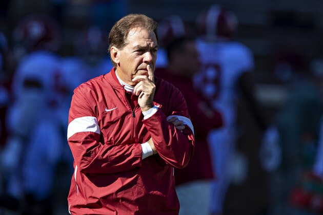 FAYETTEVILLE, AR - NOVEMBER 9: Head Coach Nick Saban of the Alabama Crimson Tide on the field watching his team warm up before a game against the Mississippi State Bulldogs at Davis Wade Stadium on November 16, 2019 in Starkville, Mississippi. The Crimson Tide defeated the Bulldogs 38-7. (Photo by Wesley Hitt/Getty Images) FAYETTEVILLE, AR - NOVEMBER 9: Head Coach Nick Saban of the Alabama Crimson Tide on the field watching his team warm up before a game against the Mississippi State Bulldogs at Davis Wade Stadium on November 16, 2019 in Starkville, Mississippi. The Crimson Tide defeated the Bulldogs 38-7. (Photo by Wesley Hitt/Getty Images)