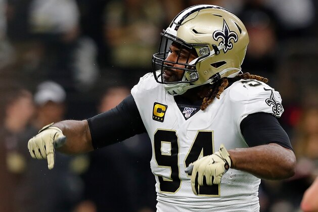 NEW ORLEANS, LOUISIANA - JANUARY 05: Cameron Jordan #94 of the New Orleans Saints celebrates after a sack during the fourth quarter against the Minnesota Vikings in the NFC Wild Card Playoff game at Mercedes Benz Superdome on January 05, 2020 in New Orleans, Louisiana. (Photo by Kevin C. Cox/Getty Images)