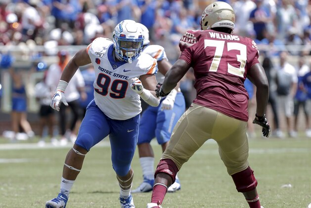 TALLAHASSEE, FL - AUGUST 31: Defensive End Curtis Weaver #99 of the Boise State Broncos is being blocked by Tackle Jauan Williams #73 of the Florida State Seminoles during the game at Doak Campbell Stadium on Bobby Bowden Field on August 31, 2019 in Tallahassee, Florida. Boise State defeated Florida State 36 to 31. (Photo by Don Juan Moore/Getty Images)