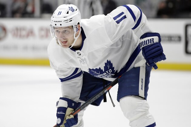 Toronto Maple Leafs' Zach Hyman (11) during the third period of an NHL hockey game against the Anaheim Ducks Friday, March 6, 2020, in Anaheim, Calif. (AP Photo/Marcio Jose Sanchez)