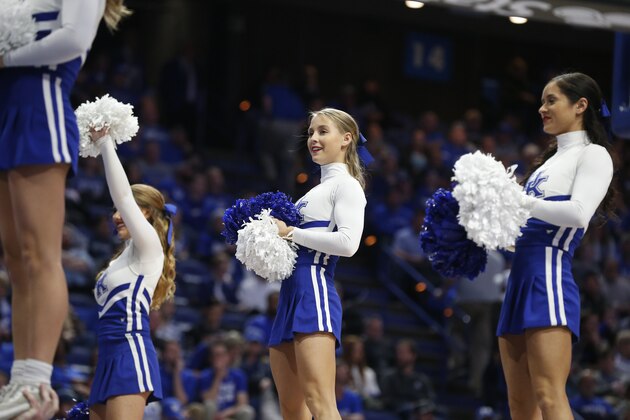 Kentucky cheerleaders perform during an NCAA college basketball game against Mississippi State in Lexington, Ky., Tuesday, Feb. 4, 2020. Kentucky won 80-72. (AP Photo/James Crisp)