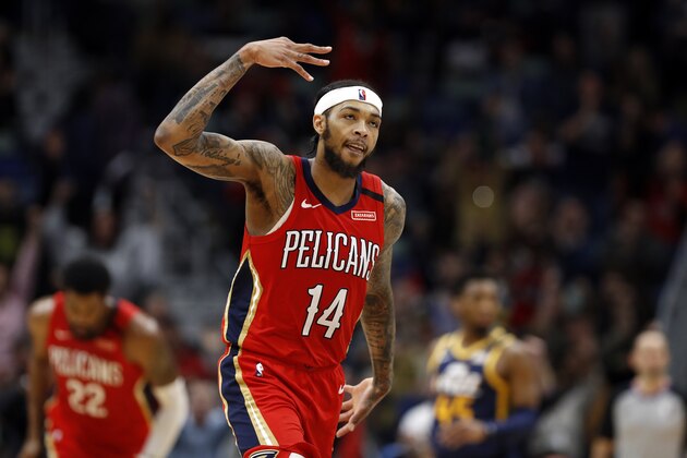 New Orleans Pelicans forward Brandon Ingram (14) in the second half of an NBA basketball game in New Orleans, Monday, Jan. 6, 2020. The Jazz won 128-126. (AP Photo/Tyler Kaufman)
