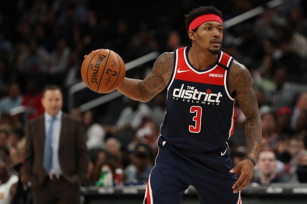 WASHINGTON, DC - MARCH 10: Bradley Beal #3 of the Washington Wizards in action against the New York Knicks at Capital One Arena on March 10, 2020 in Washington, DC. NOTE TO USER: User expressly acknowledges and agrees that, by downloading and or using this photograph, User is consenting to the terms and conditions of the Getty Images License Agreement. (Photo by Patrick Smith/Getty Images)
