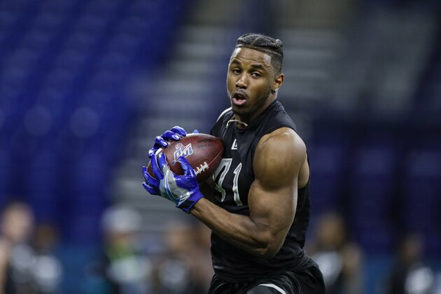 Michigan wide receiver Donovan Peoples-Jones runs a drill at the NFL football scouting combine in Indianapolis, Thursday, Feb. 27, 2020. (AP Photo/Michael Conroy)