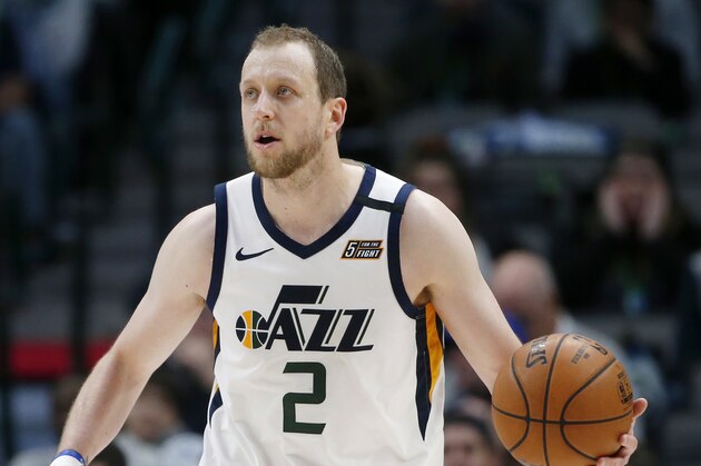Utah Jazz guard Joe Ingles (2) dribbles the ball up the court against the Dallas Mavericks during the second half an NBA basketball game in Dallas, Monday, Feb. 10, 2020. Utah defeated Dallas 123-119. (AP Photo/Michael Ainsworth)