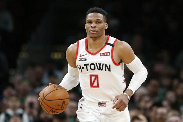 Houston Rockets' Russell Westbrook plays against the Boston Celtics during an NBA basketball game in Boston, Saturday, Feb. 29, 2020. (AP Photo/Michael Dwyer)