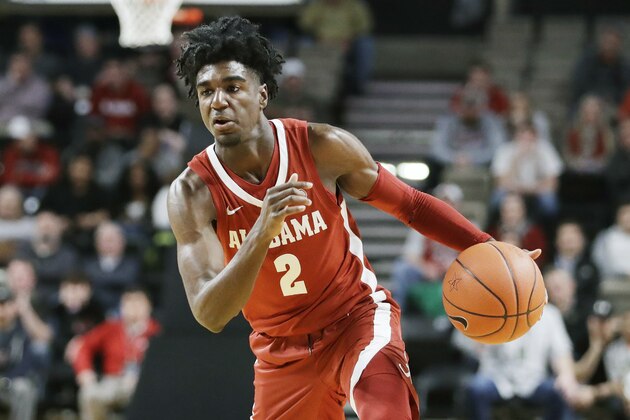 FILE - In this Jan. 22, 2020, file photo, Alabama guard Kira Lewis Jr. plays against Vanderbilt in the first half of an NCAA college basketball game in Nashville, Tenn. Lewis Jr. was selected to the Associated Press All-SEC first team announced Tuesday, March 10, 2020.  (AP Photo/Mark Humphrey, File)