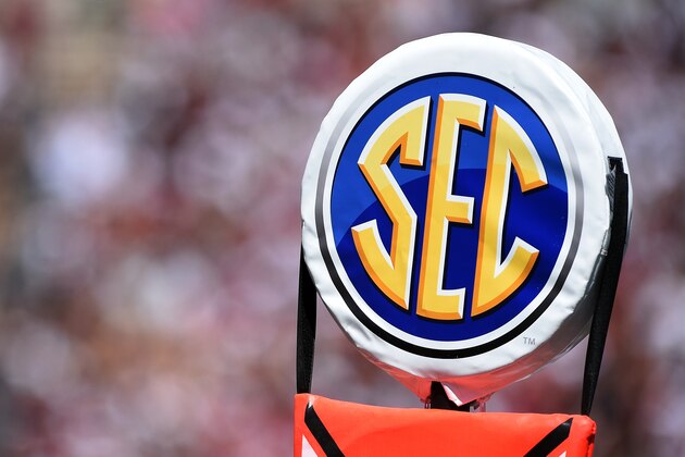 COLUMBIA, SC - SEPTEMBER 01: A detail view of the SEC logo on a field marker during the game between the Coastal Carolina Chanticleers and the South Carolina Gamecocks at Williams-Brice Stadium on September 1, 2018 in Columbia, South Carolina. (Photo by Lance King/Getty Images)