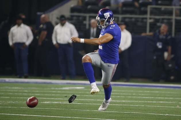 New York Giants kicker Aldrick Rosas (2) attempts an onside kick against the Dallas Cowboys during the second half of an NFL football game in Arlington, Texas, Sunday, Sept. 16, 2018. (AP Photo/Michael Ainsworth) New York Giants kicker Aldrick Rosas (2) attempts an onside kick against the Dallas Cowboys during the second half of an NFL football game in Arlington, Texas, Sunday, Sept. 16, 2018. (AP Photo/Michael Ainsworth)